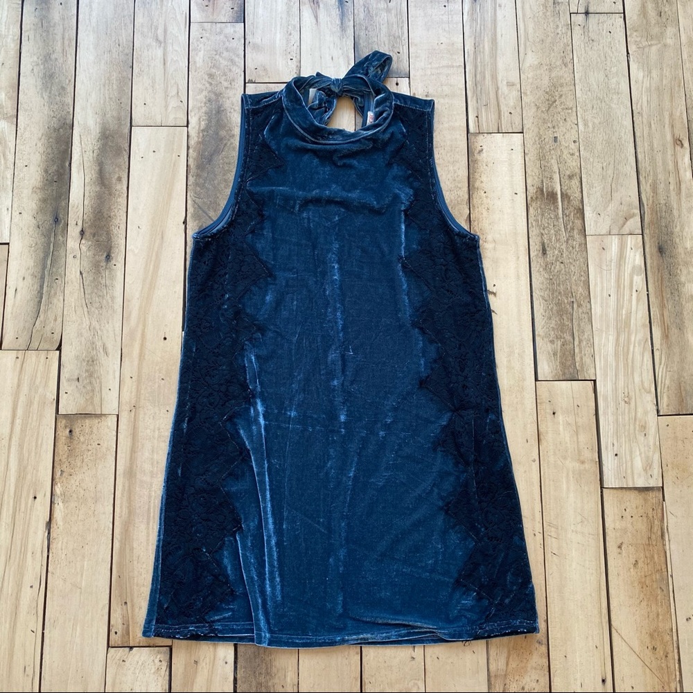 GB Blue Velvet High Neck Lace Tank Dress